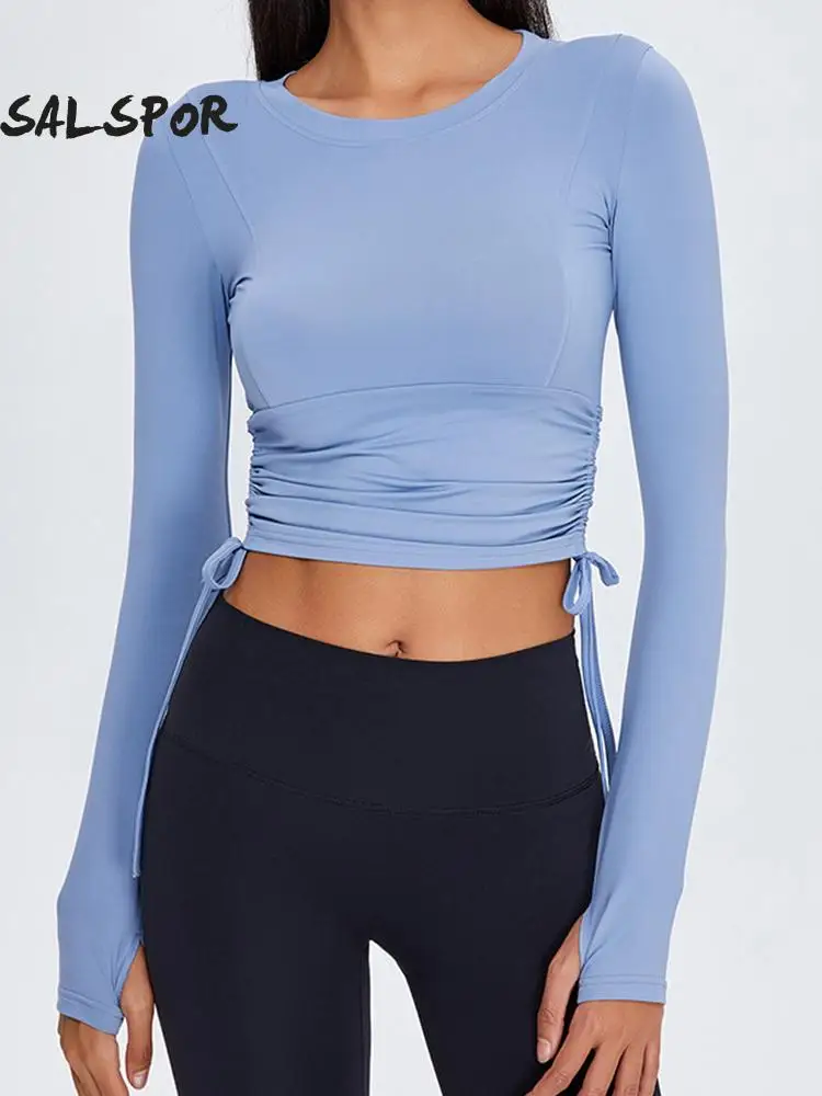 SALSPOR Two Sides Lace Sports Shirt Long Sleeve Yoga Top Women Naked Feeling Workout Blouse Stretchy Fitness Tee Activewear