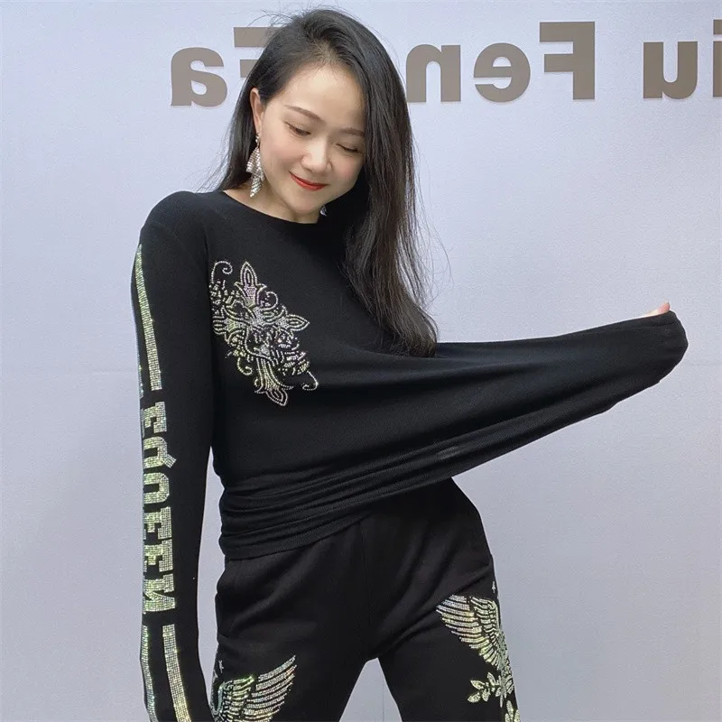 

Patter Glitter Long Sleeve Women Black Stretchy Tees Tops Autumn Slim Pullovers All Match Top Round Neck Pullover T-shirt