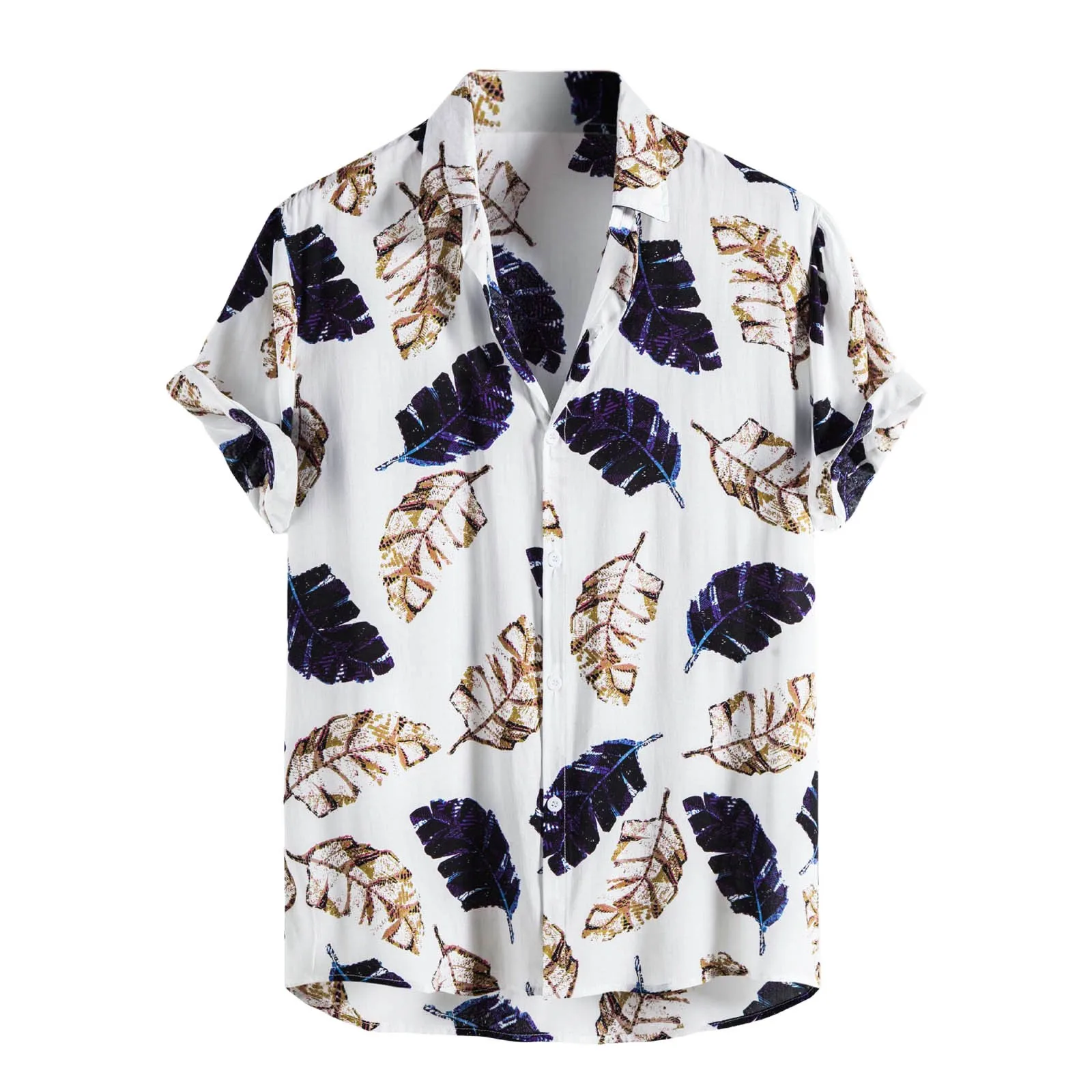 

Leaf Print Beach Style Hawaii Shirt Tops Short Sleeve Turn-Down Collar Leaf Print Button Blouse Breathable Male Loose Cardigan