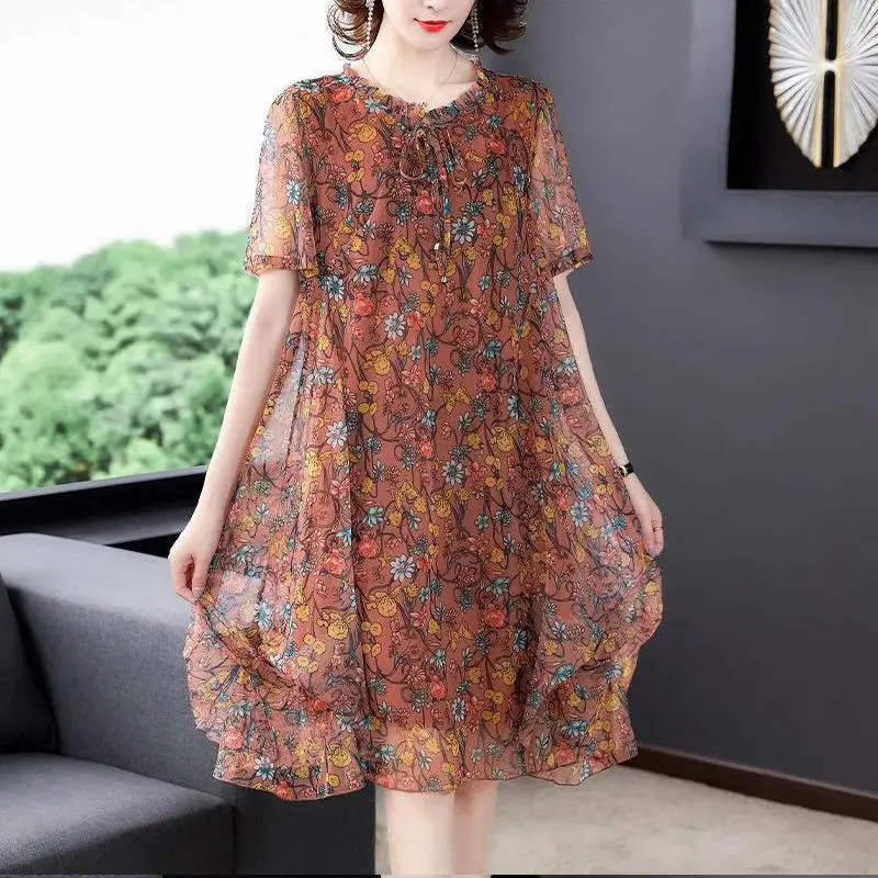 

Women 2022 Summer New Middle Age Mother Floral Dress Female Short Sleeve Casual Dresses Ladies O-neck Vestidos Q35