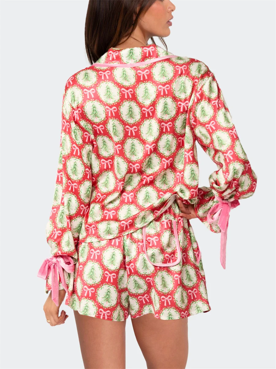 2025 Рождественские пижамы для женщин с галстуком-бабочкой рубашка длинными