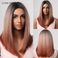 louis ferre long reddish brown synthetic wigs with dark roots ombre copper red straight wig for black women heat resistant fibre