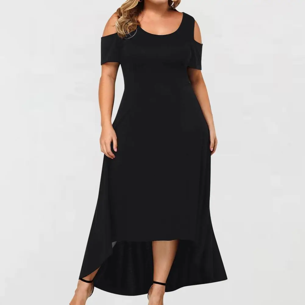 

Solid Color Off-shoulder Short Sleeves Women Dress Stylish Round Neck Summer Dress Dating Dress Simple Loose Hem Maxi Dress
