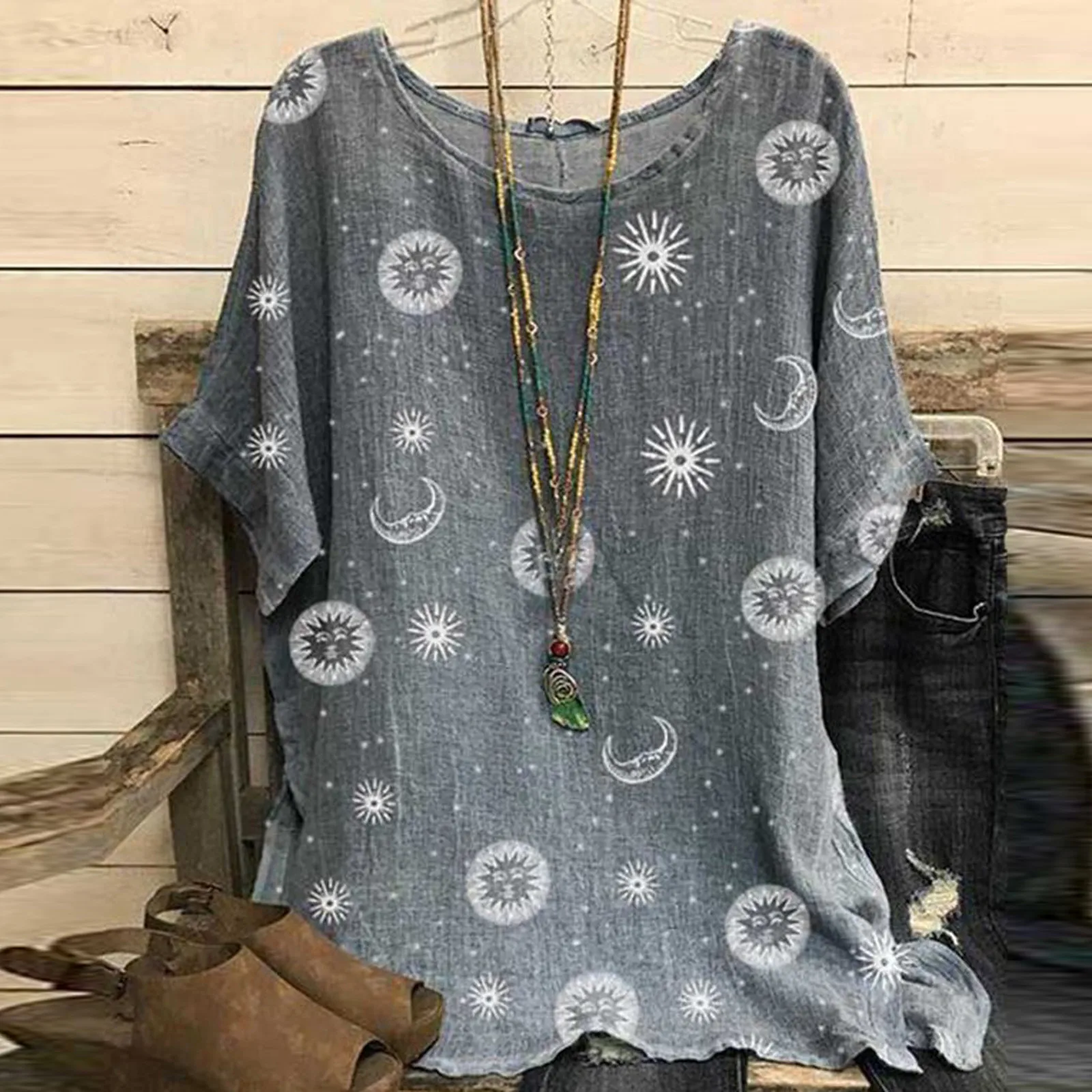 

Fashion Daisy Printed Blouse Woman Vintage Cotton-Blend O-Neck Short Sleeve Top Plus Size Elegant Summer Blouse рубашка женская