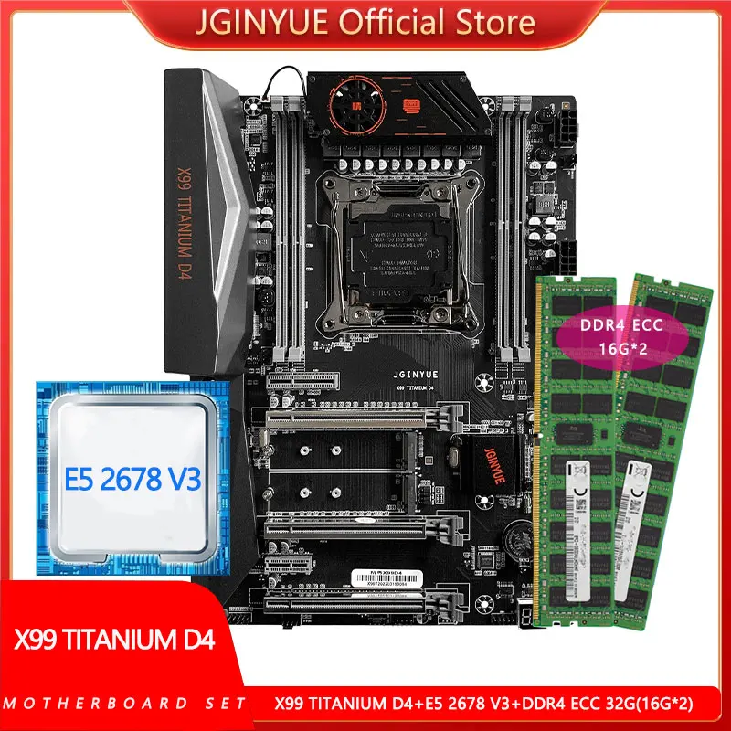 

JGINYUE X99 Motherboard Set Combo With Xeon E5 2678 v3 Processor CPU and DDR4 ECC 32G(2*16) 2133Mhz RAM SATA X99 TITANIUM D4