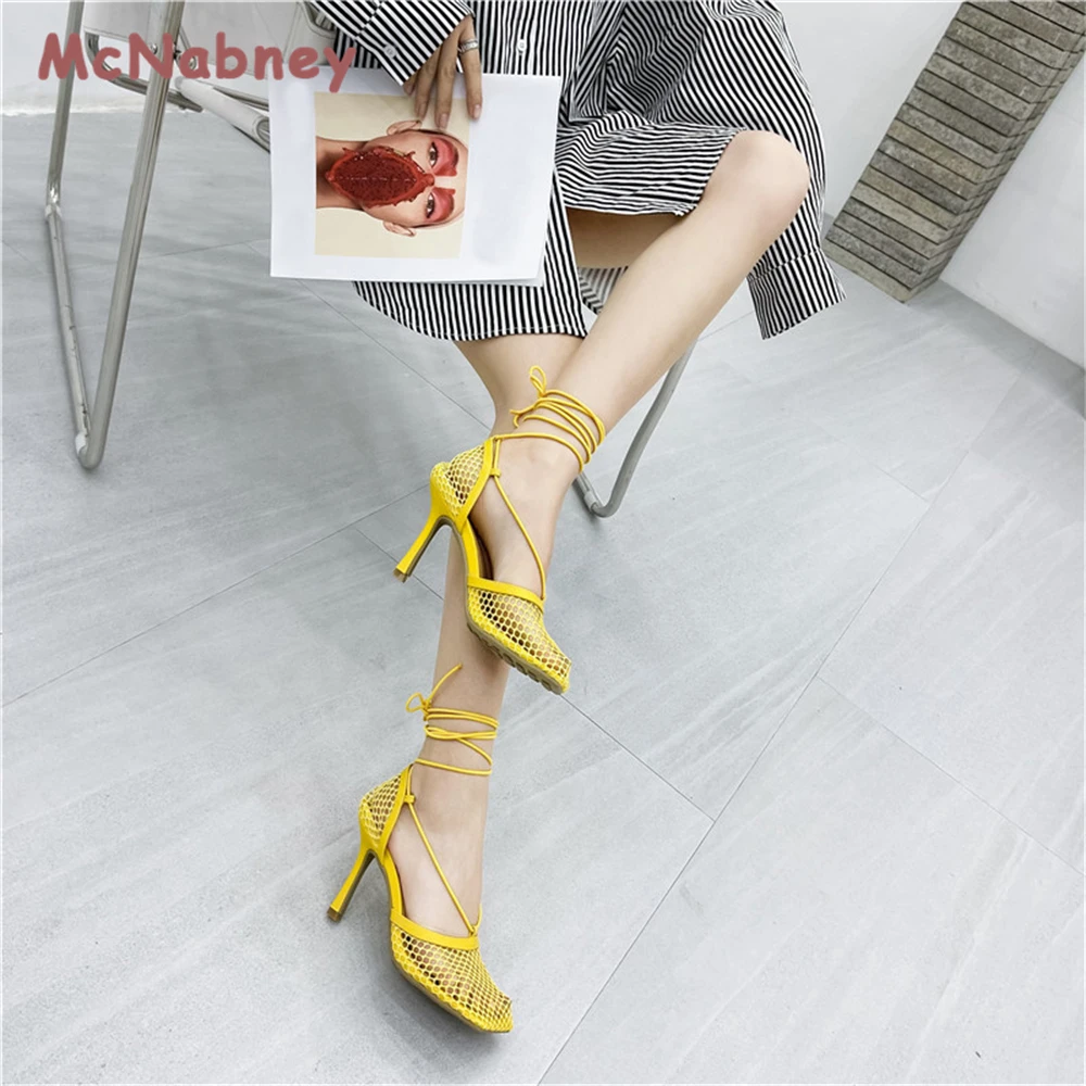 2023 New Sexy Mesh Pumps Sandals Female Square Toe High Heel Lace Up Cross-Tied Stiletto Hollow Shoes Fashion Breathable Sandals