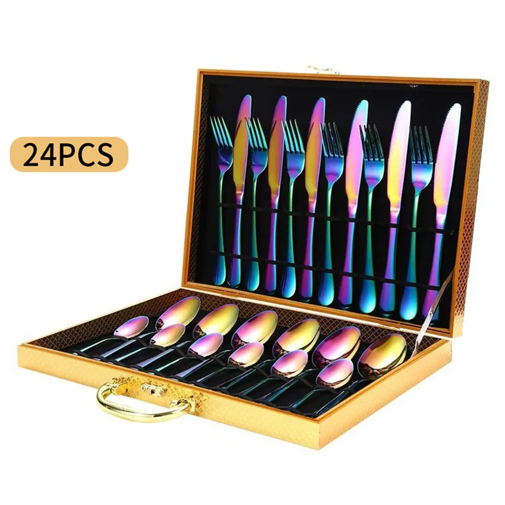 

24Pcs Gold Dinnerware Set Stainless Steel Tableware Set Knife Fork Spoon Flatware Set Christmas Gift Cutlery Set Gift Box