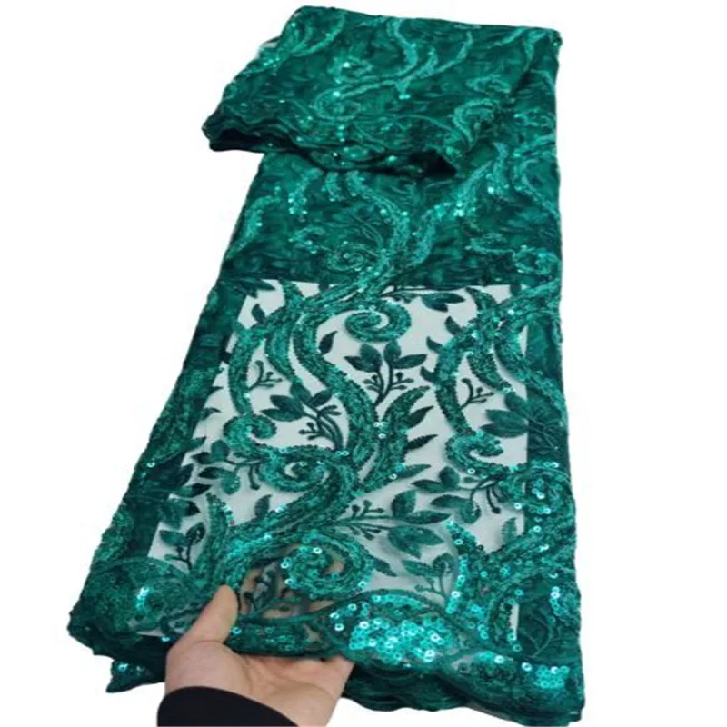 

Green French Sequins Tulle Lace Fabric Royal Blue Embroidery Nigerian Mesh Lace Fabrics 5 Yards African Lace Fabric For Wedding