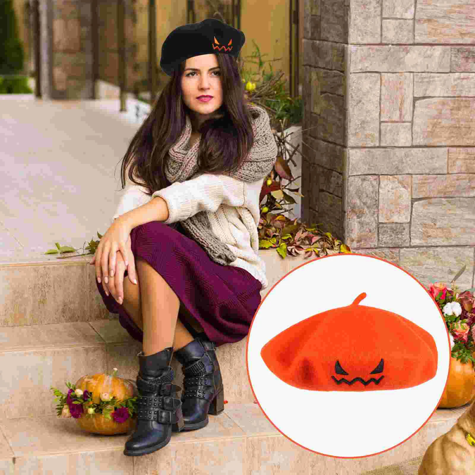 

Pumpkin Beret Shopping Hat Decor Party Halloween Theme Solid Color Caps Hats Women Supply Costumes Girls
