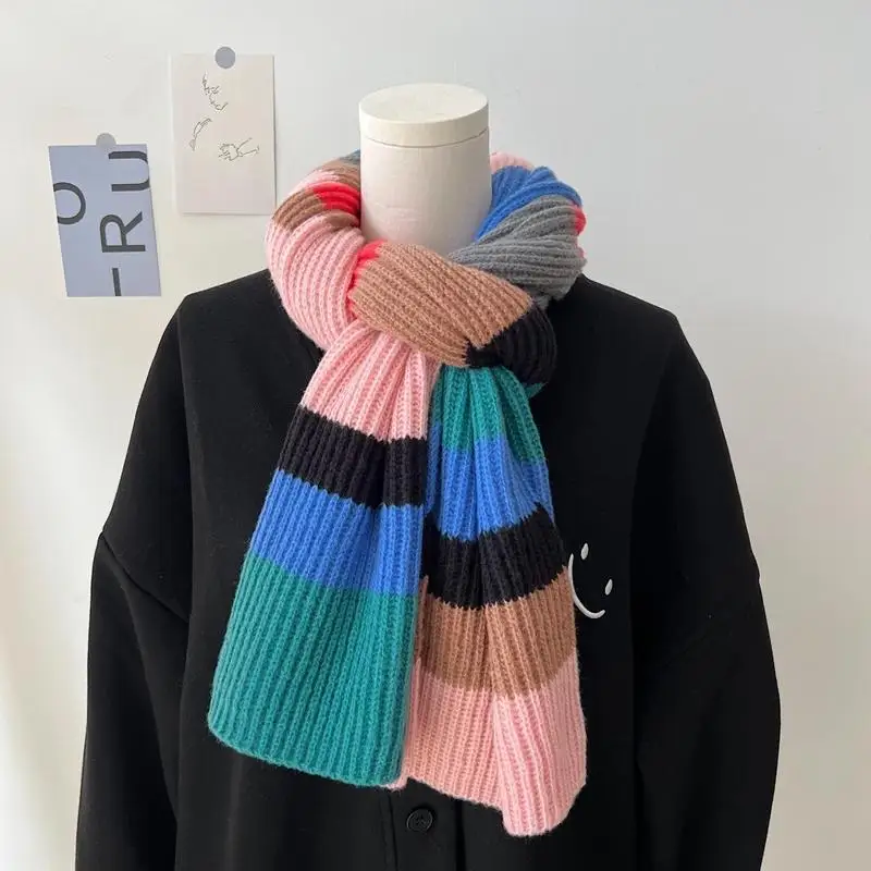 

Цветной яркий вязаный теплый шарф в полоску для зимы, женские длинные шарфы 175 см в корейском уличном стиле, цвет яркий шарф