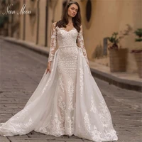luxury wedding dress 2022 for women mermaid lace appliques bride dress long sleeve button backless bridal gown vestido de novia