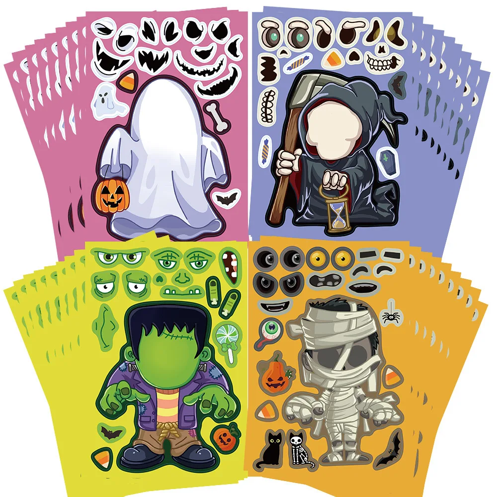 

8/16/24 PCS Cartoon Halloween Puzzle Sticker Interesting Face Changing Party Decoration DIY Waterproof Sticker