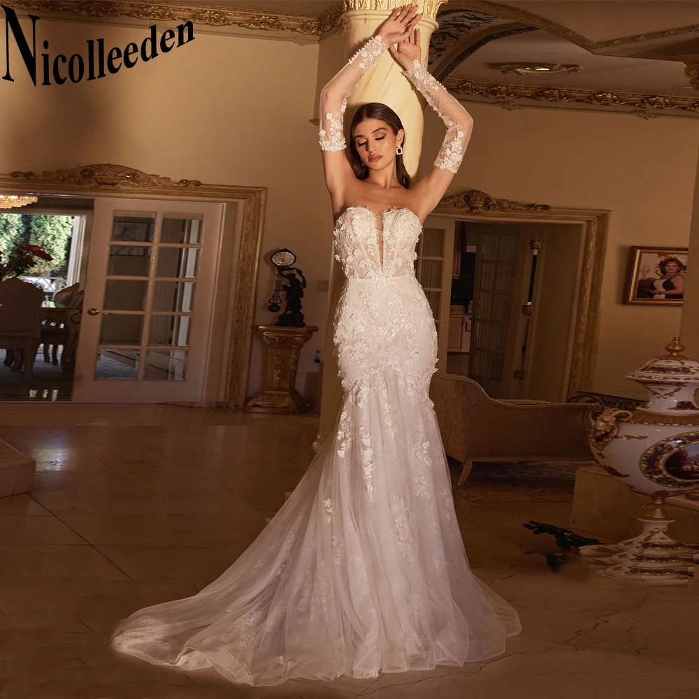 

Nicolle Trendy Strapless Mermaid Wedding Gown For Bride Backless Lace Up Tulle Court Train Appliques Robe De Mariée Customised