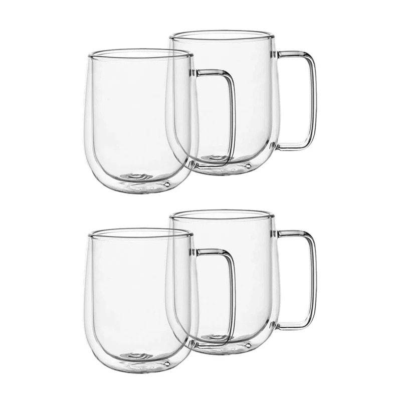 

Double Wall Glass Coffee Mugs Tea Cups Set Of 4, Thermal Insulated And No Condensation With Wide Handle (300ML)