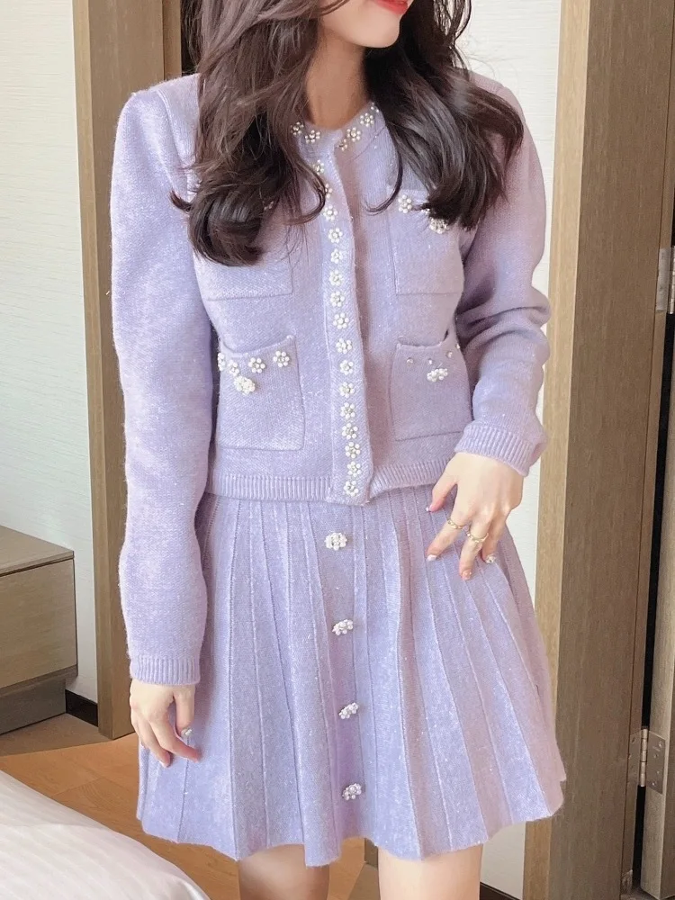 Женский трикотажный костюм элегантный фиолетовый из двух предметов короткая