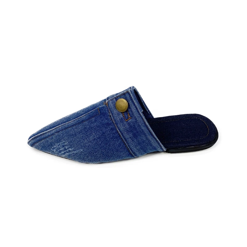 

2022 New Blue Denim Cloth Slippers Pointed Toe Outdoor Slides Slingback Mules Slip on Flats Simple Women Shoes Zapatillas Mujer