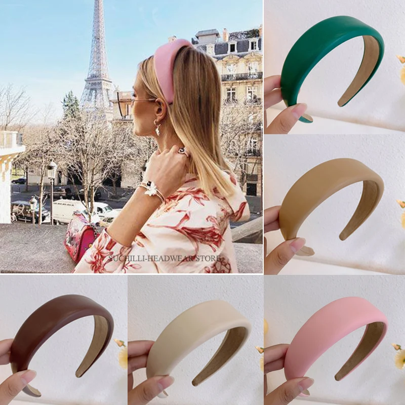 

Women PU Padded Hair Band Vintage Solid Color Wide Hair Hoop Headbands for Grils Ladies Fashion Retro Headwear Hair Accessories