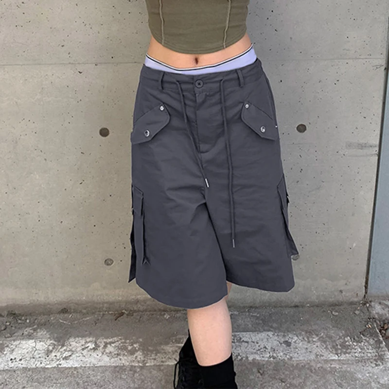 Darlingaga Streetwear Drawstring Solid Low Waist Cargo Shorts Women Pockets Harajuku Gorpcore Short Pants Capris Outfits Korean