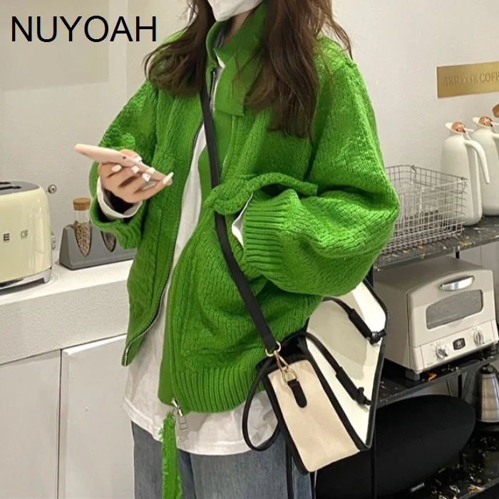 

Korean Long Sleeve Lazy Sweater Women's Autumn Winter 2021 New Stand Collar Pocket Thickened Jacket Knitted Cardigan Coat