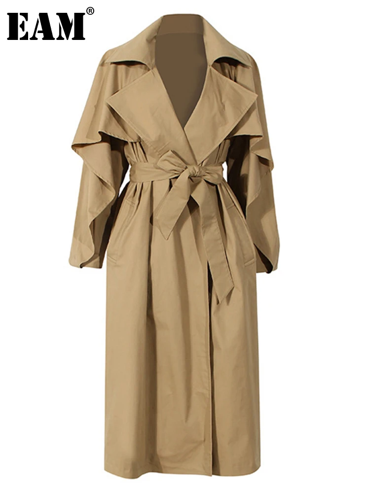 [EAM] Женский Длинный плащ-Тренч цвета хаки большого размера новая свободная