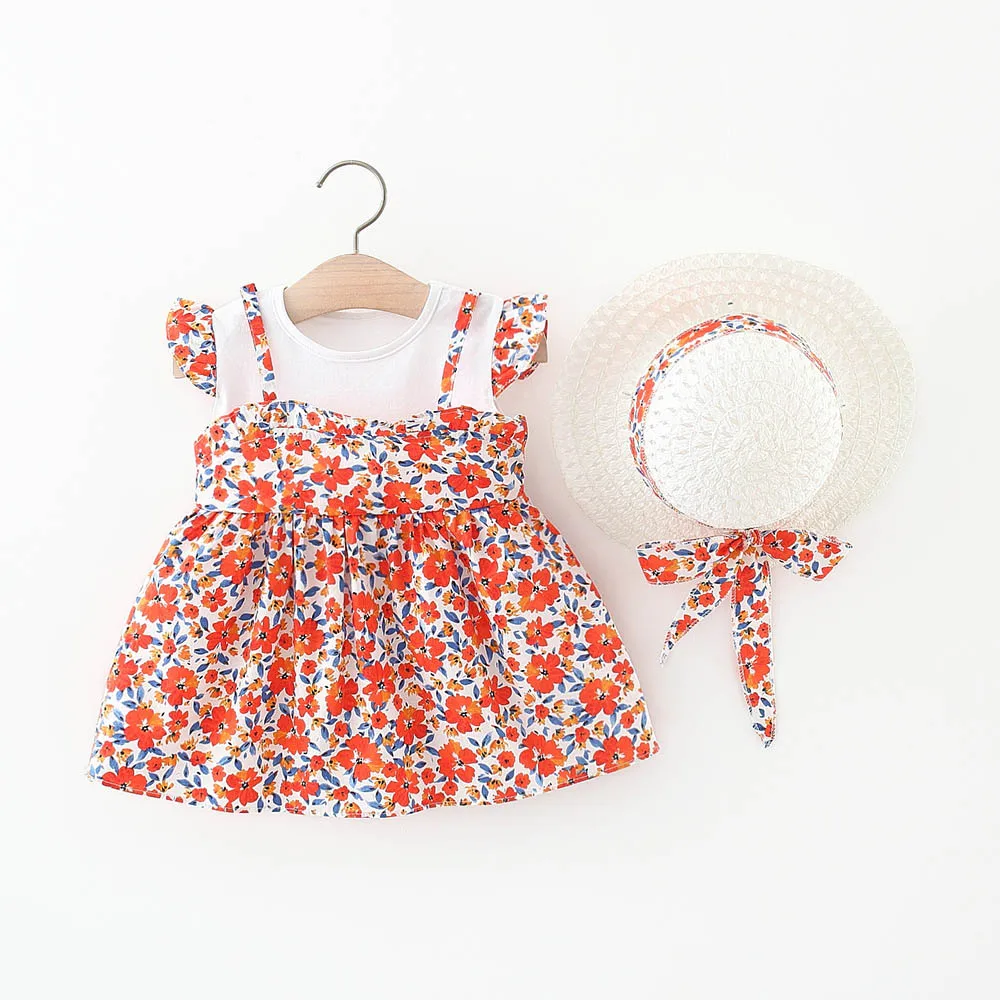 

Girls Dress 2022 Summer Newborn Baby Holiday Flying Sleeve Dress Girls Fake Two Floral Princess Dresses with Straw Hat 6M-2Years