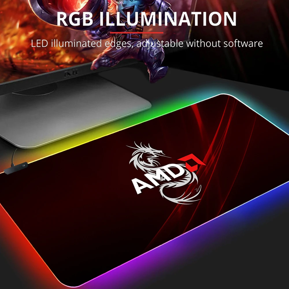 

Игровой коврик для мыши с логотипом AMD, игровой коврик с RGB светодиодной подсветкой, украшение для геймеров, крутой светящийся коврик для мыш...