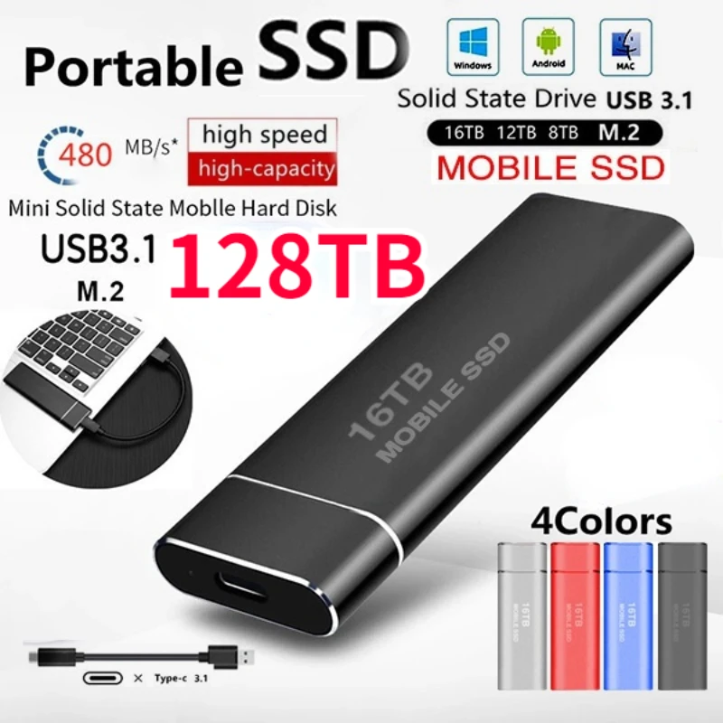 High Speed External Hard Drive Portable SSD 2TB Solid State Drive USB3.1 Type-C Interface Mass Storage Hard Disk for Laptop/Mac