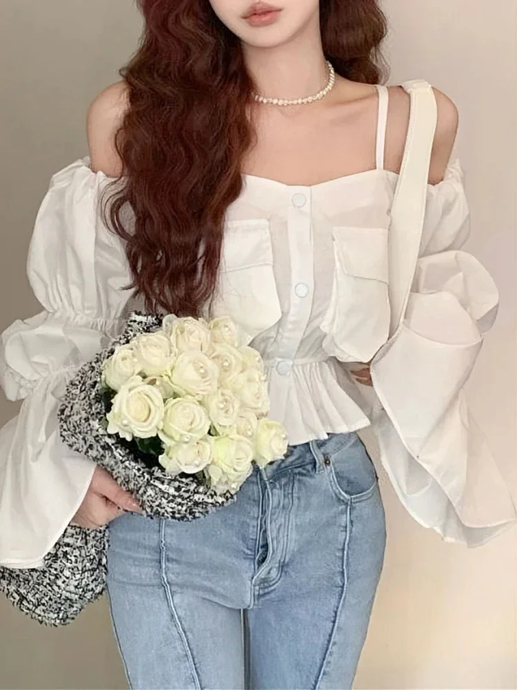 Женская блузка с открытыми плечами однотонная короткая рубашка квадратным