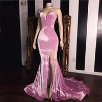 janevini sexy african pink velvet prom dresses side split mermaid evening dresses elegant formal party birthday dress for women