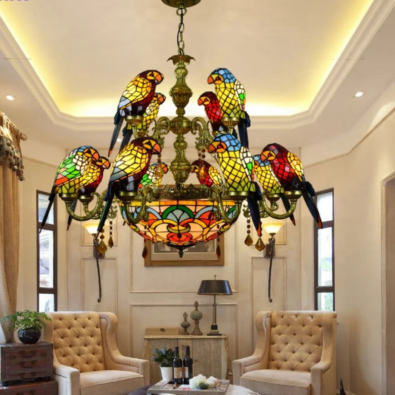 

Tiffany Vintage Stained Glass Parrot Chandelier Double Deck Luxury Decor LED Ceiling Hanging Lamp Dining Living Pendant Light