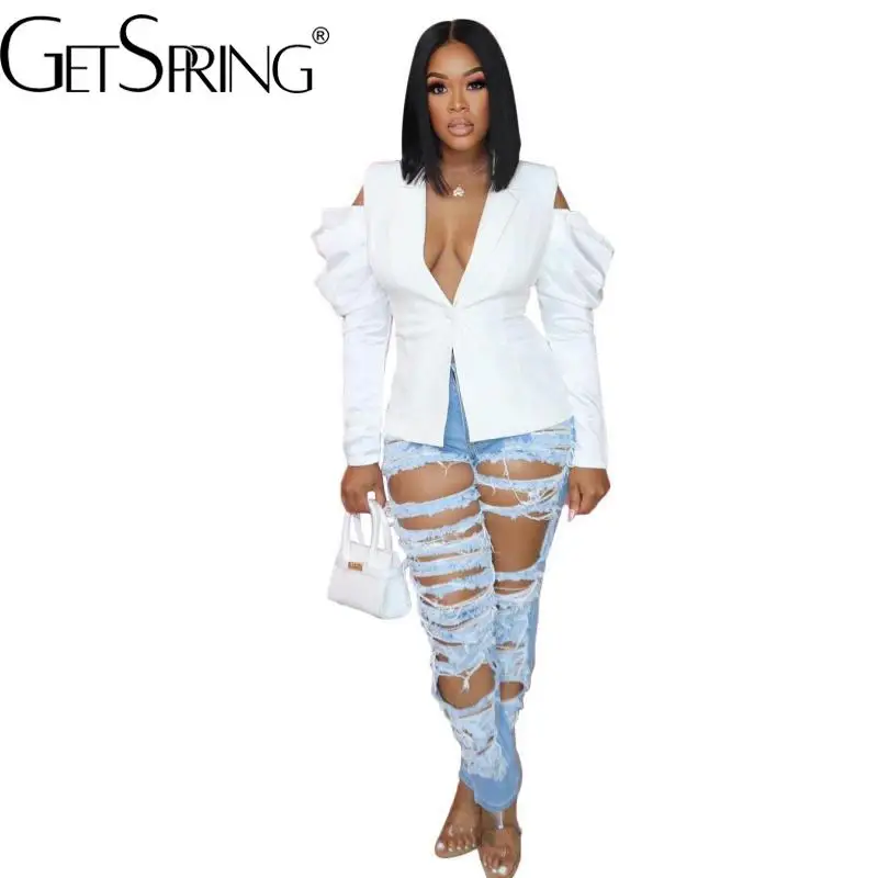 

GetSpring Women Blazer Single Button Puff Sleeve Ladies White Black Suit Coat Off Shoulder Sexy Women's Slim Suit Jacket Autumn