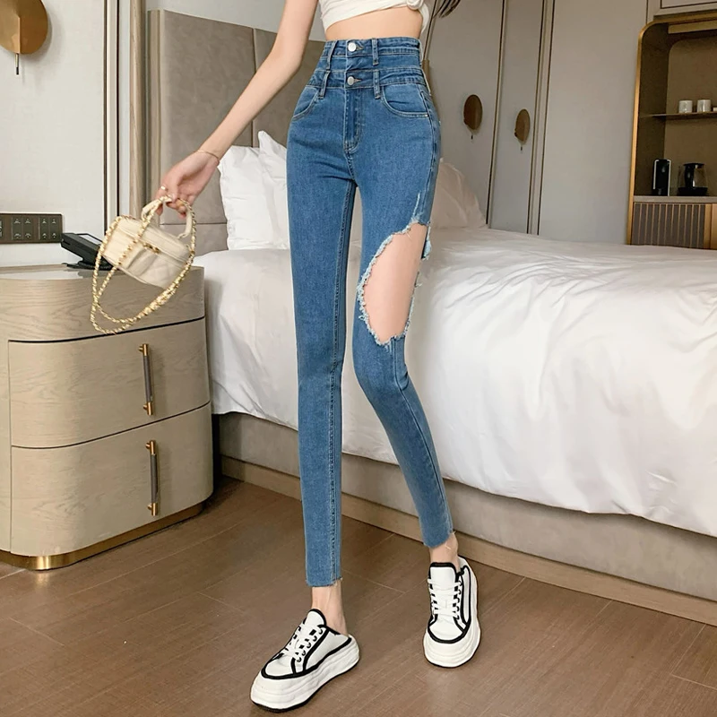 

Винтажные рваные джинсы для женщин 2023 уличная одежда с высокой талией эластичные джинсовые женские брюки серые пикантные Y2k брюки-карандаш для женщин на лето
