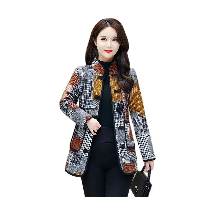 

Mom's Winter Cotton-padded Clothes New National Style Long Stand-up Collar Retro Buckle Middle-aged And Elderly Slim Coat Woman.