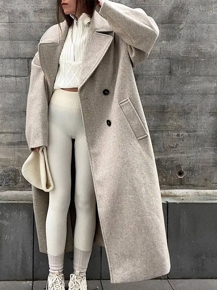

Женское однотонное длинное шерстяное пальто, двубортное свободное теплое пальто из шерсти с длинным рукавом и V-образным вырезом