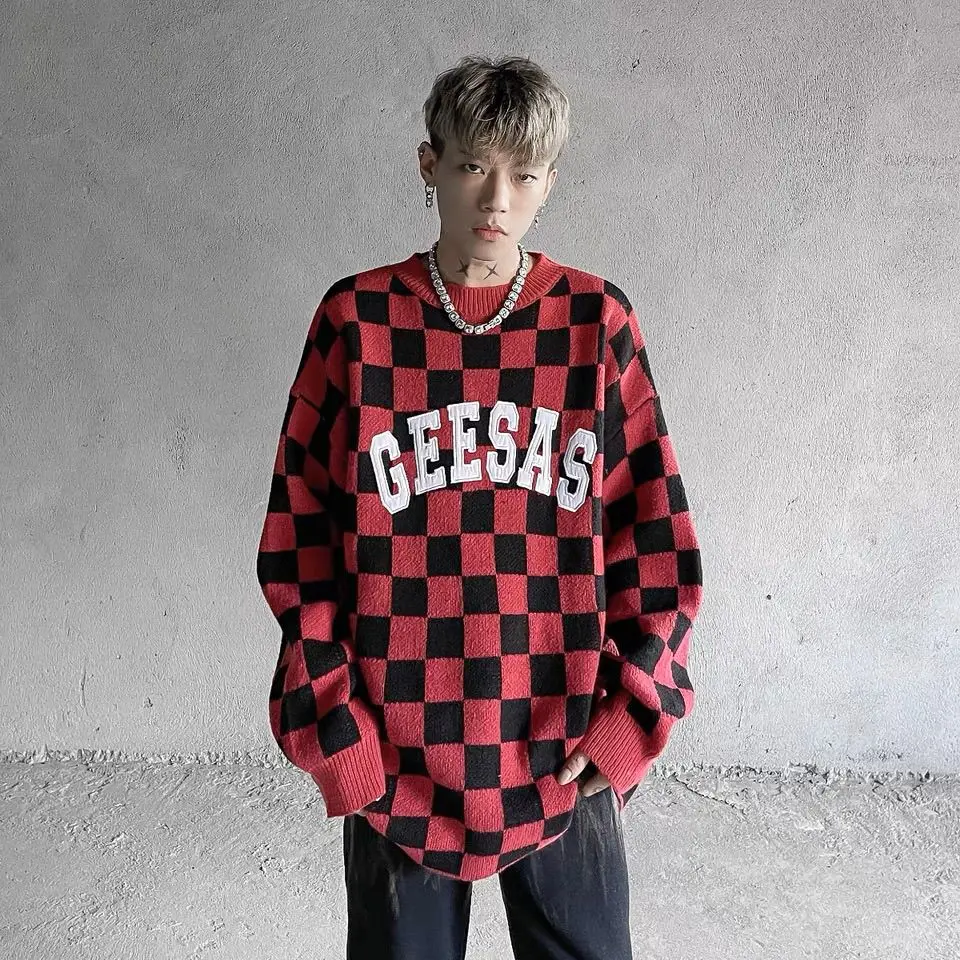 Уличный пуловер Свитшот в стиле Харадзюку Повседневная клетчатая Шахматная
