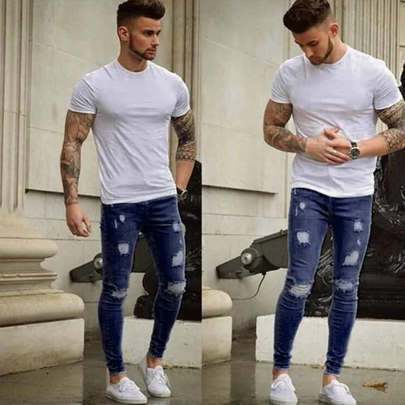 High Waist Men Jeans Ripped Skinny Tight Denim Pants Causal High Streetwear Zipper Fly Personality Slim Fit Male New Pencil Jean