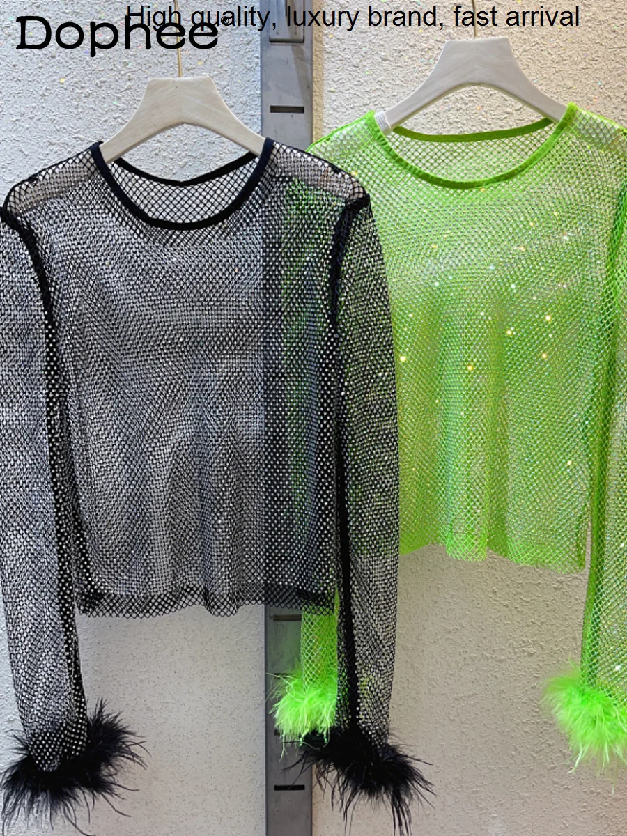 

See-through New Arrival Heavy Rhinestone Diamond Hollow Shiny Women Cuff Feather Slim Fit Long Sleeve Tshirt Top Club