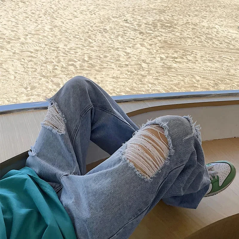 Vintage Streetwear  Dark Gray Ripped Jeans For Man High Street Hip-Hop Design High Waist Loose Straight Wide Leg Jeans Unisex