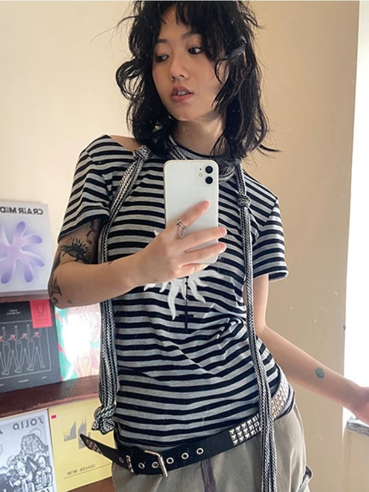 Женская футболка в полоску с коротким рукавом стиле Харадзюку |