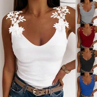 women fashion lace print solid color round neck sleeveless tank tops slim fit summer sleeveless tops