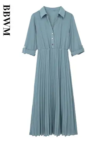 Elegant Solid Vintage Long Sleeve Shirt Dress Women A-Line Small Pleat Maxi Dress Korean Fashion 2023 Spring Clothes Streetwear