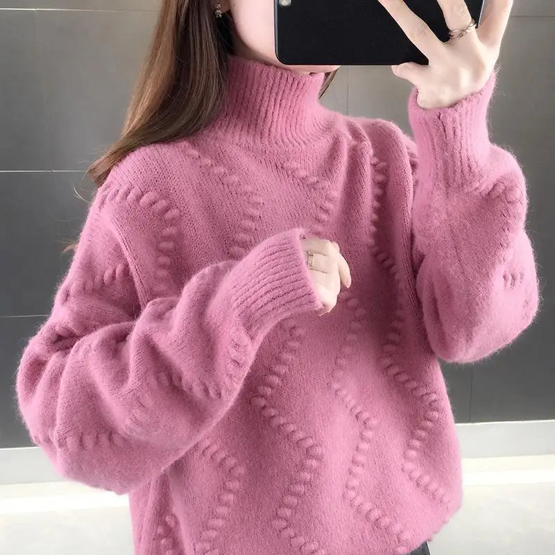 

Fashion Turtleneck Solid Color Knitted All-match Korean Sweater Female Clothing 2022 Autumn New Casual Pullovers Loose Warm Tops