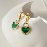 retro green malachite love heart hoop earring temperament gold stainless steel earrings for women 2022 statement french jewelry