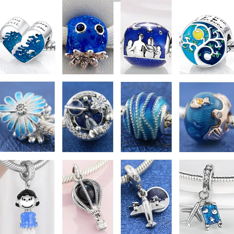 

925 стерлингового серебра класс Игристые синие сердца Серьги Подвески для женщин, сделай сам, ювелирное изделие, подарок бусины, подходят к о...