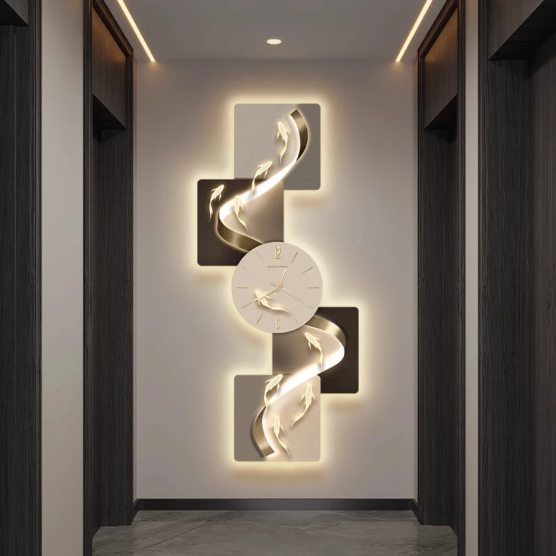 

Картина для украшения входа с девятью рыбками, современная легкая картина настенных часов, коридор, светодиодная роспись