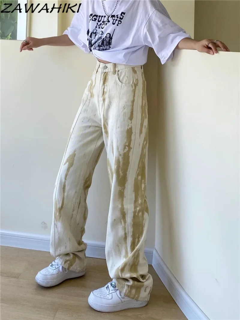 

Свободные брюки из денима с завышенной талией, повседневные универсальные шикарные уличные брюки в Корейском стиле, весна-лето