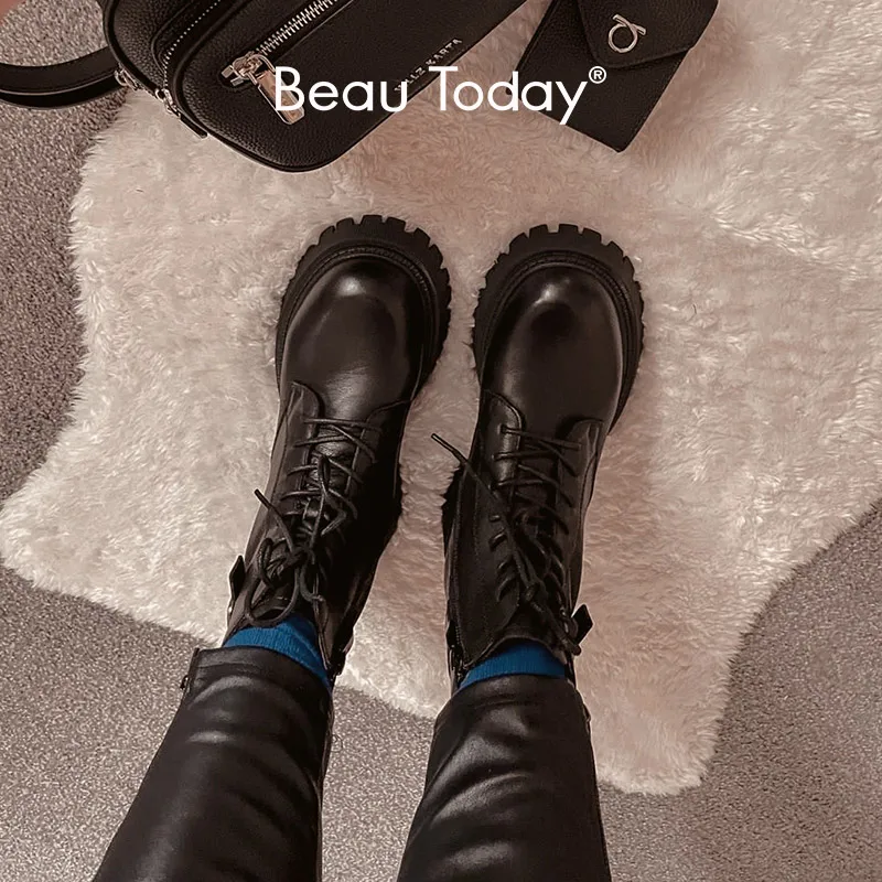 

BeauToday/ботильоны; Женские мотоциклетные ботинки из коровьей кожи на платформе; Женская короткая обувь с металлической пряжкой и боковой молнией; 04443