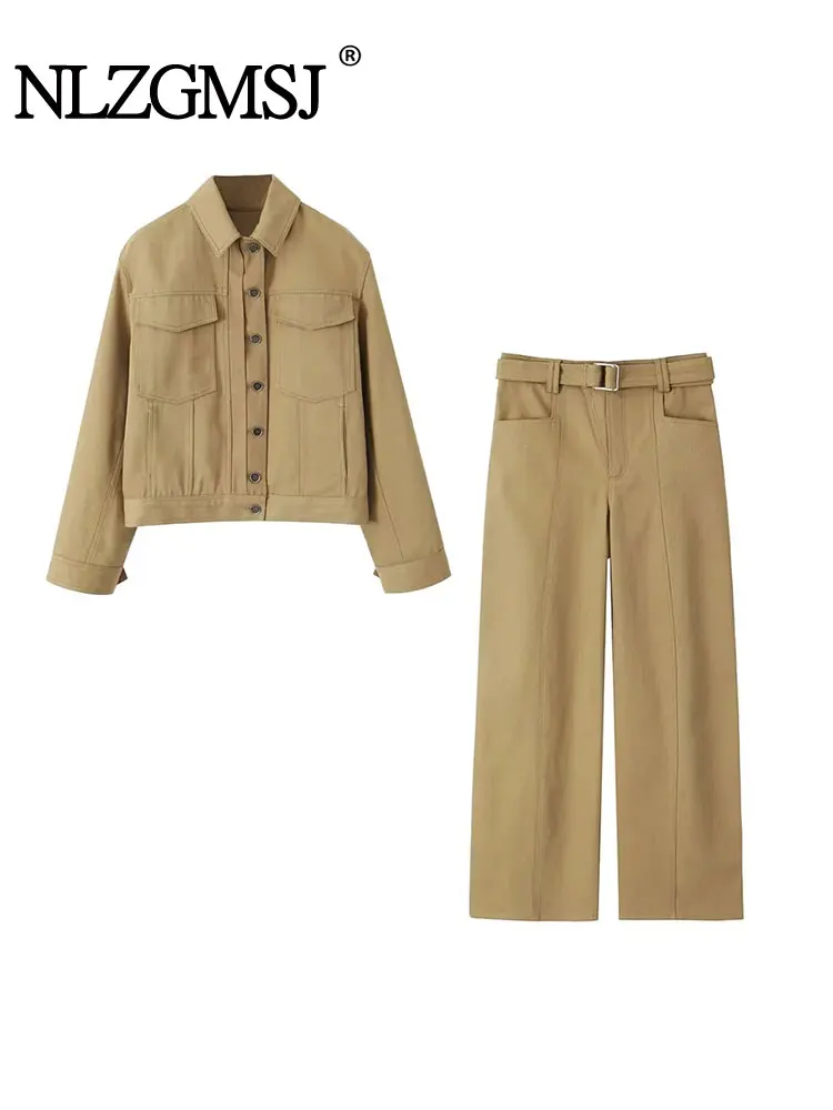 

Женский комплект из двух предметов Nlzgmsj TRAF, длинные брюки, костюм, праздничный стиль, короткая куртка + Прямые брюки с поясом, повседневная одежда