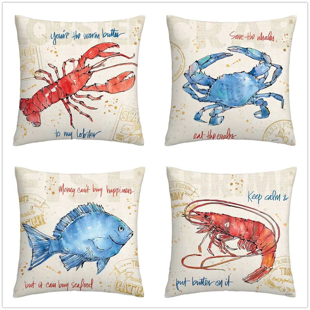 

Red lobster blue crab fish linen pillowcase sofa cushion cover home decoration can be customized for you 40x40 50x50 60x60 45x45