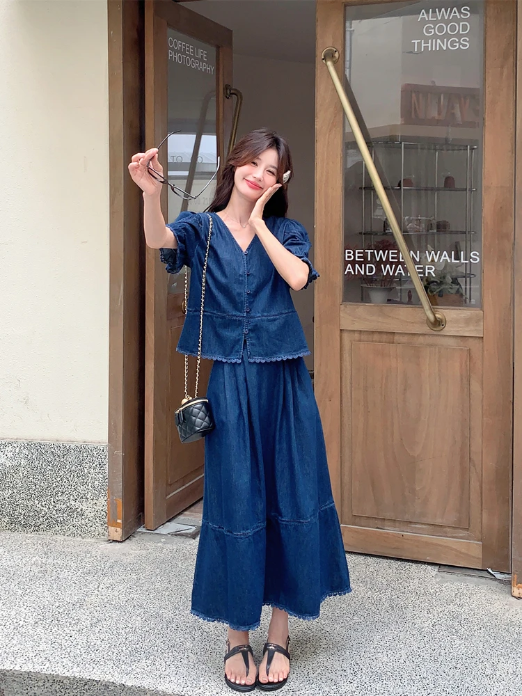 Женское джинсовое платье с пышными рукавами кружевное в стиле ретро комплект из